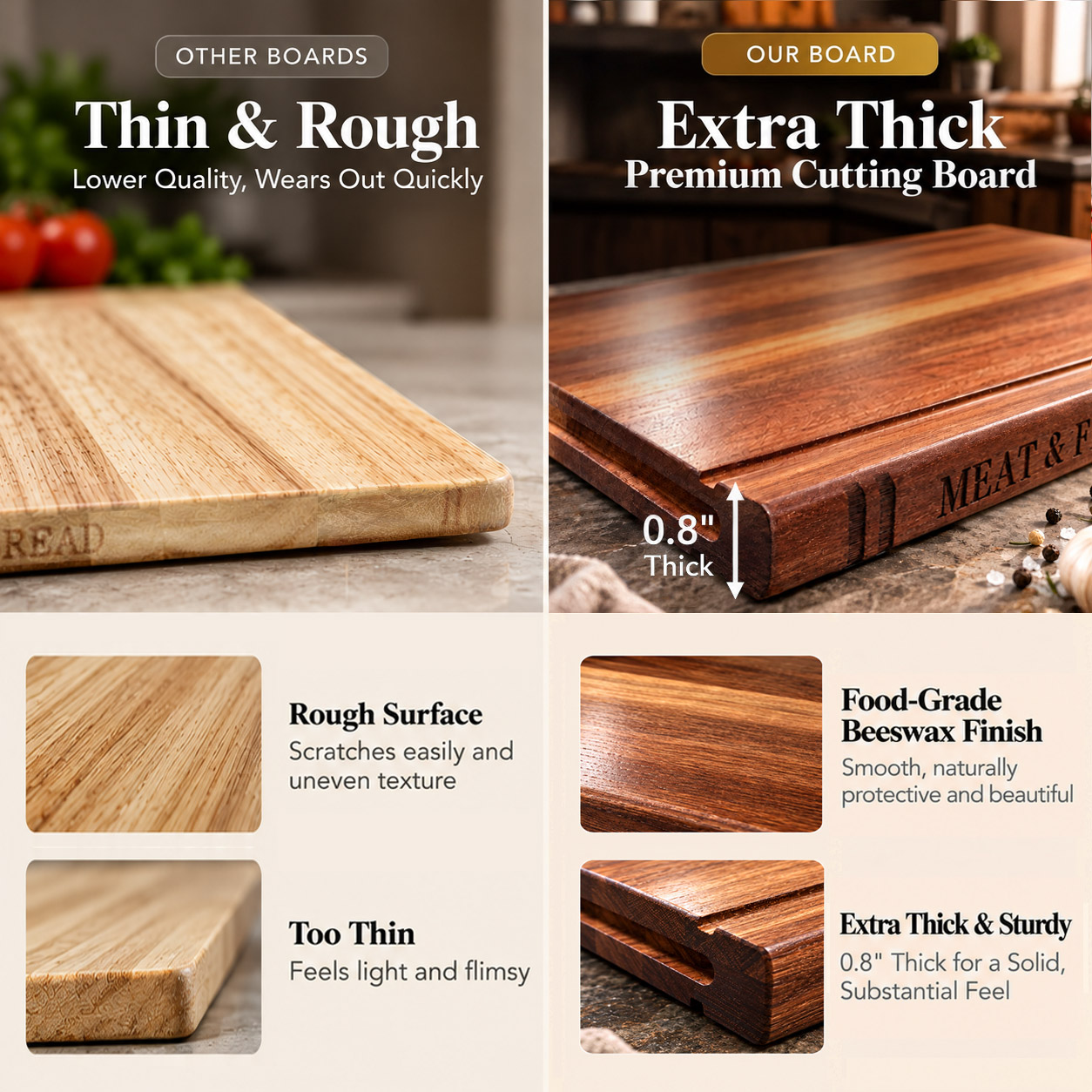 Liereti board thickness comparison showing 0.8 inch solid wood and food-grade beeswax finish