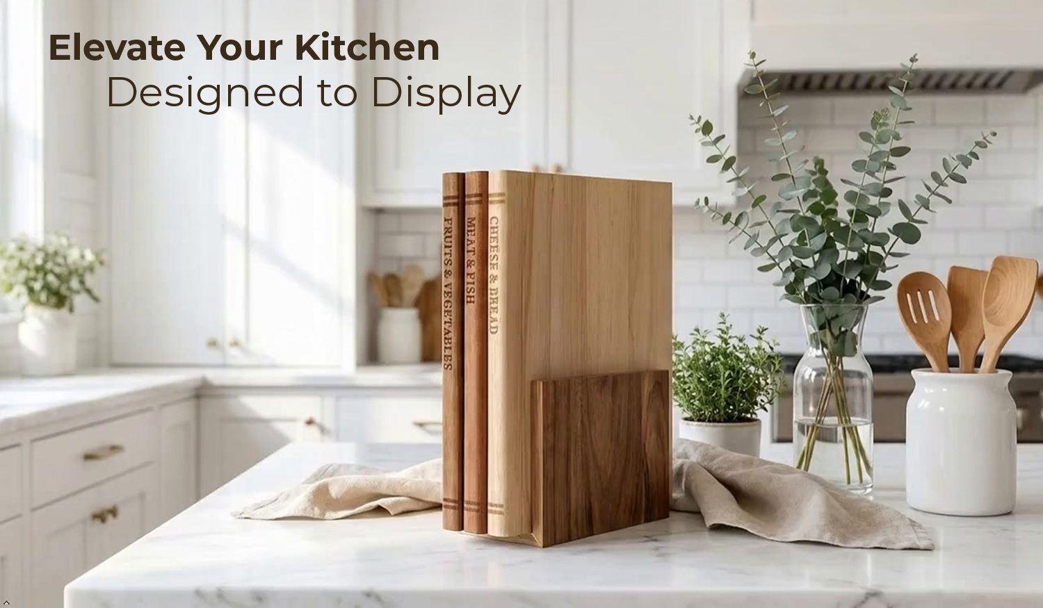 Liereti book-style boards displayed upright on a kitchen countertop