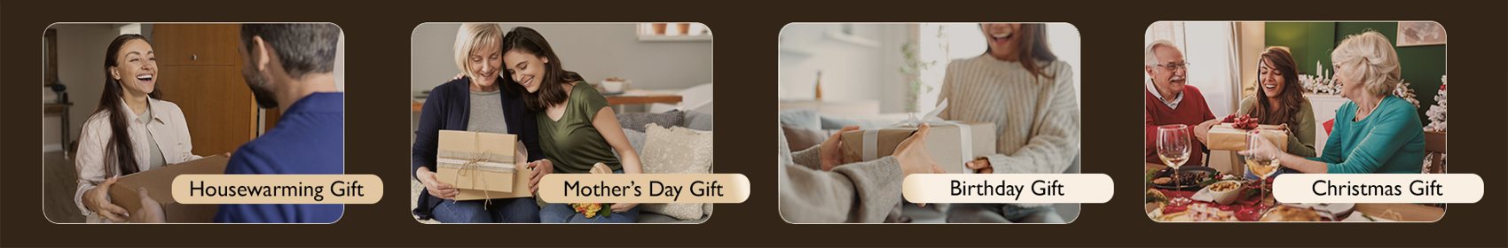 Gift occasions including housewarming, Mothers Day, birthday and Christmas