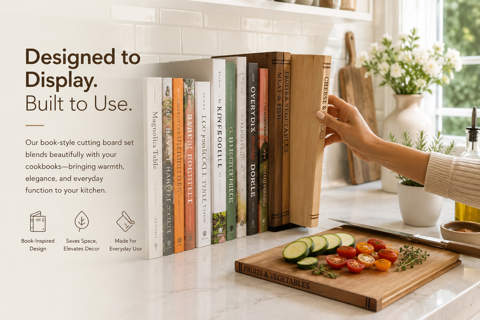 Liereti wooden cutting boards styled alongside cookbooks in a bright kitchen
