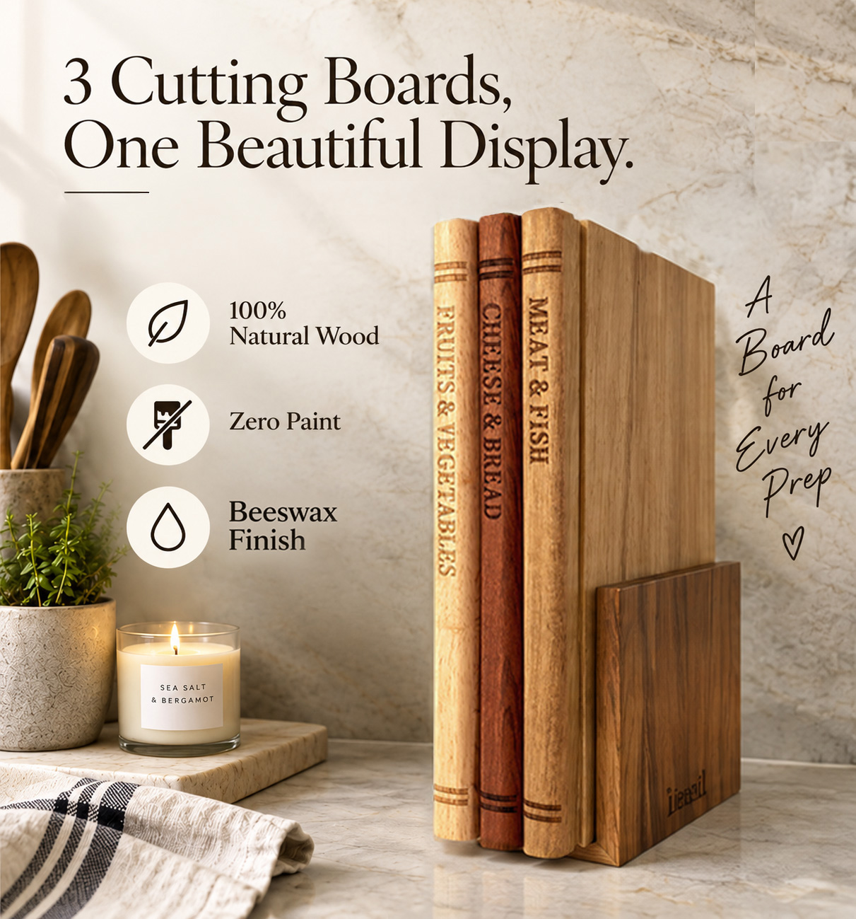Liereti wood cutting boards used for preparing food in a kitchen