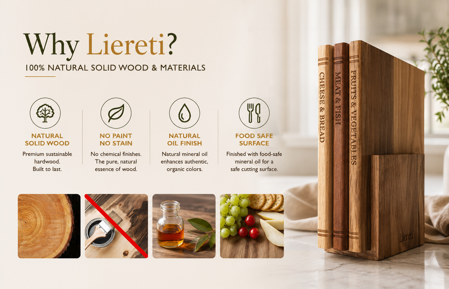 Liereti cutting boards used to present charcuterie and snacks