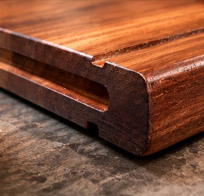 Close-up of the thick solid wood board edge