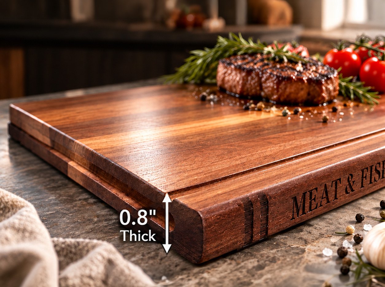 Liereti cutting board side profile labeled 0.8 inches thick