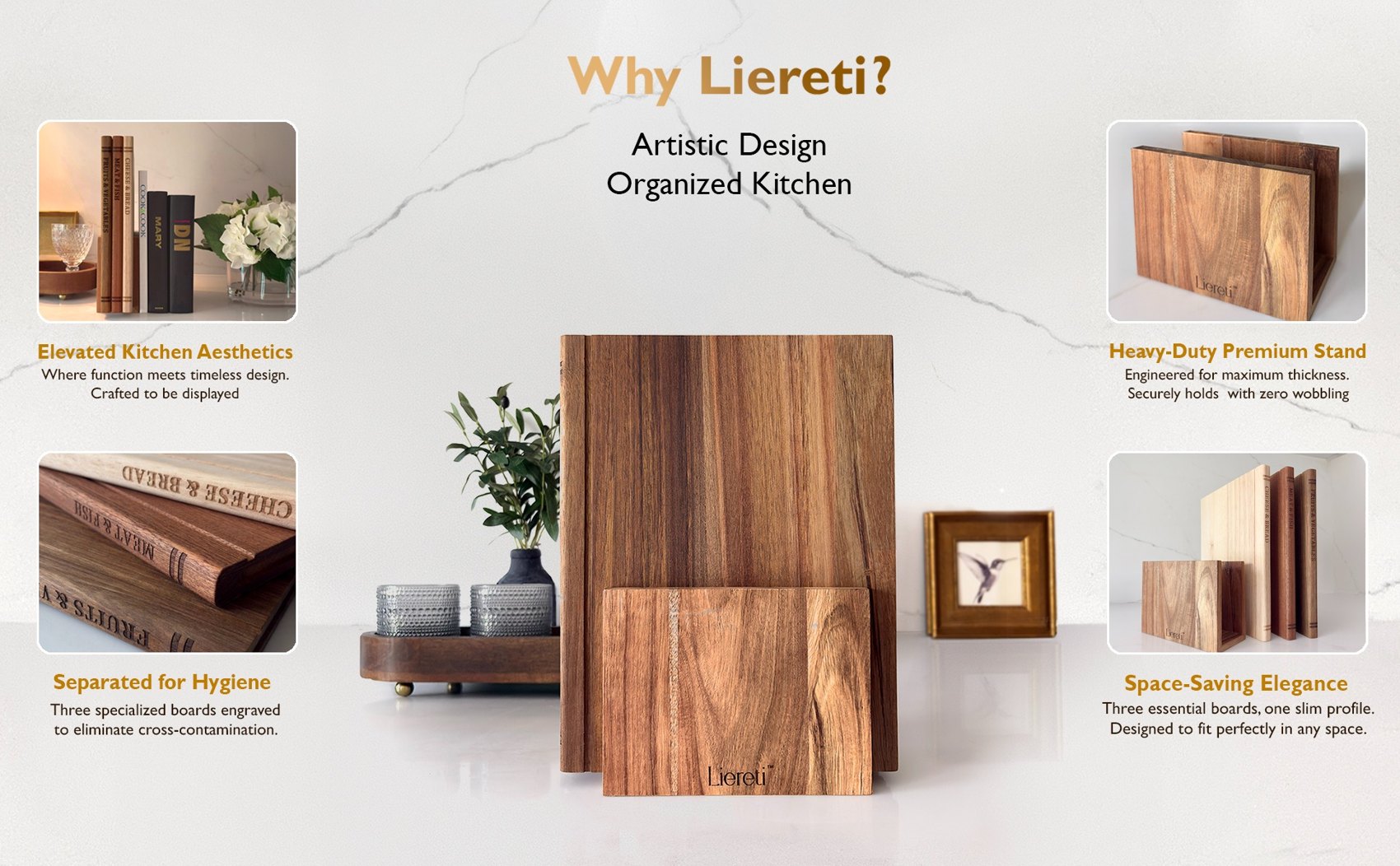 Liereti book-inspired cutting boards and wood stand displayed in a kitchen